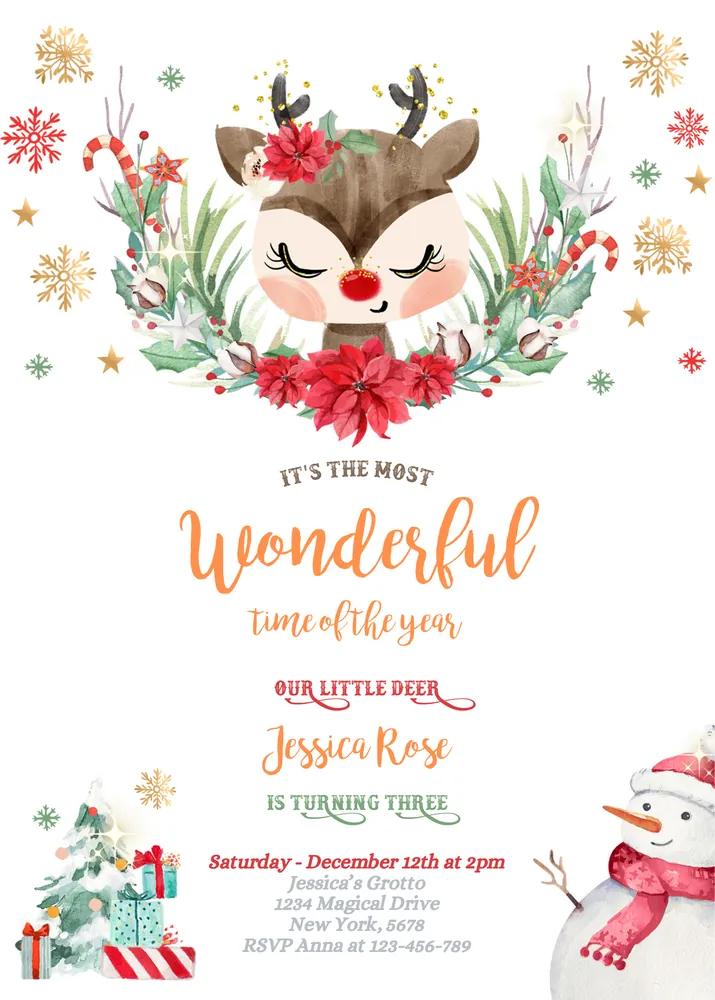 Reindeer Girl Birthday Invitation Template | Editable Canva Christmas Invite