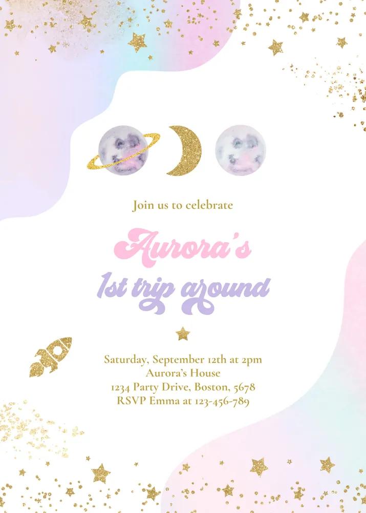 Space Birthday Invitation First Trip Around The Sun Girl Canva Template