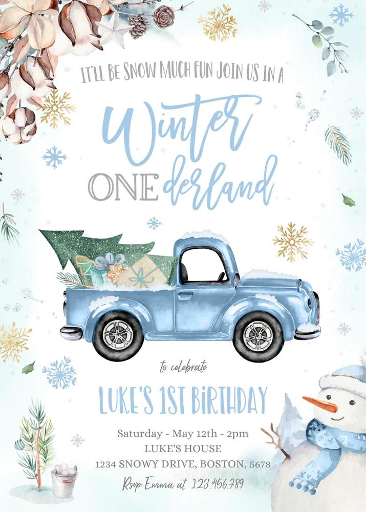 Winter ONEderland 1st Birthday Invitation | Editable Canva Blue Truck