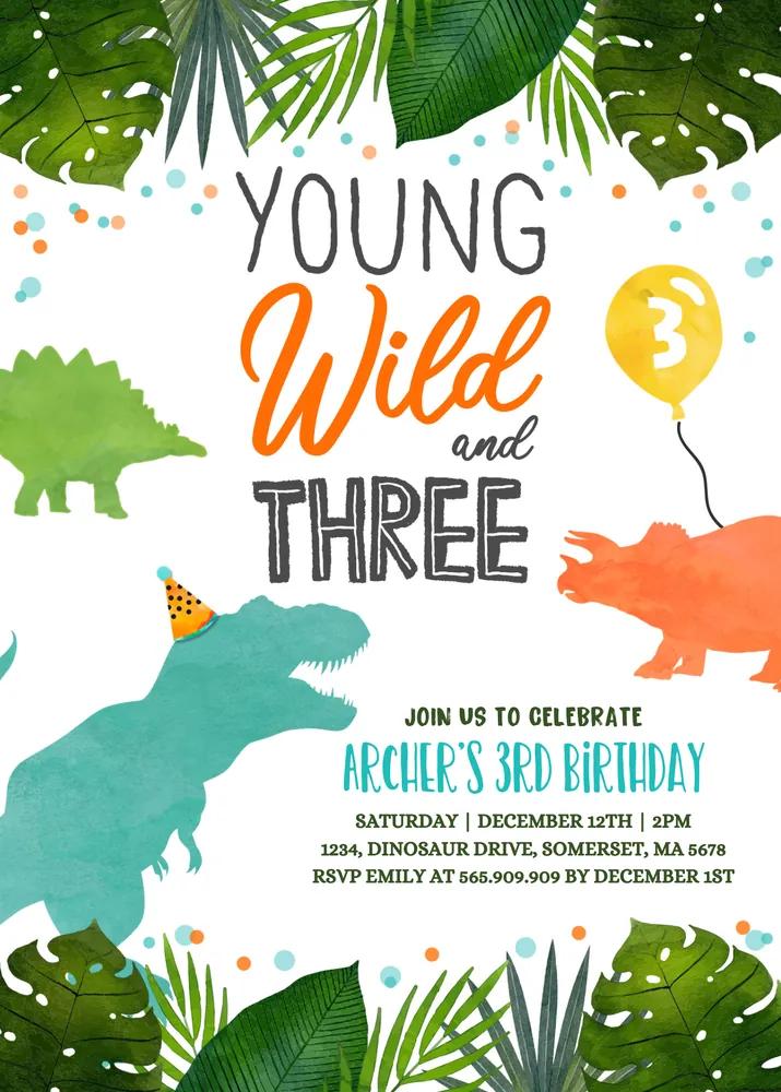 Editable Young Wild and Three Dinosaur Birthday Invitation Canva Template