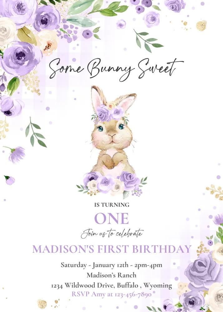 Some Bunny 1st Birthday Invitation, Purple Floral Girl Bunny Birthday Template