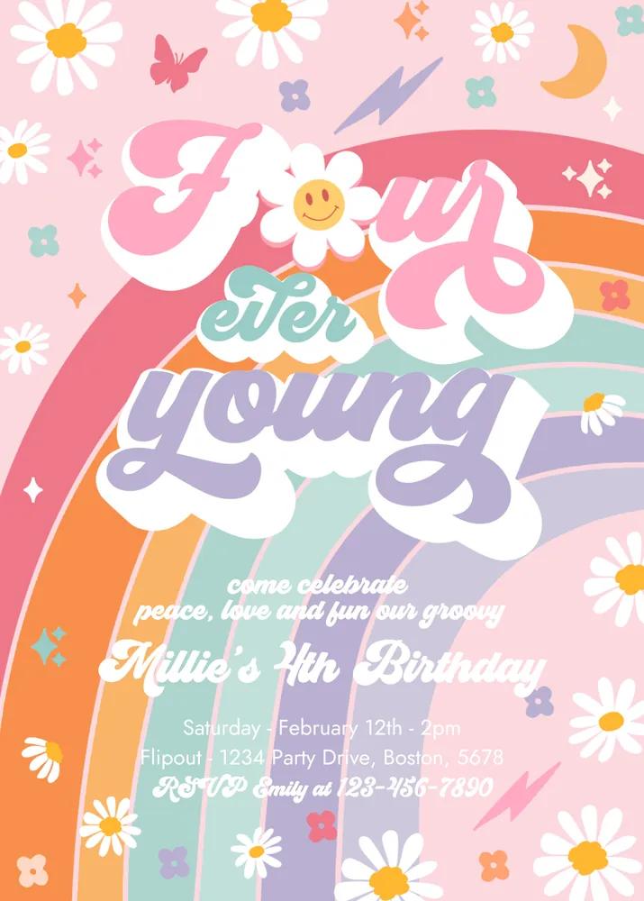 Four Ever Young 4th Birthday Invitation | Groovy Hippie Canva Template