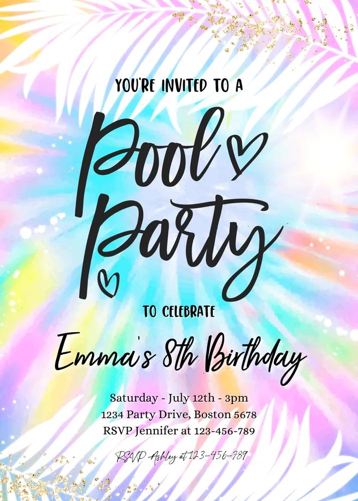 Girly Tie Dye Pool Party Invitation | Editable Canva Template Birthday Invite