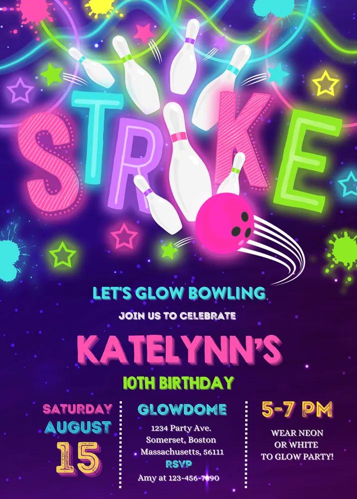 Glow Bowling Birthday Invitation Template | Neon Cosmic Bowling Girl Party