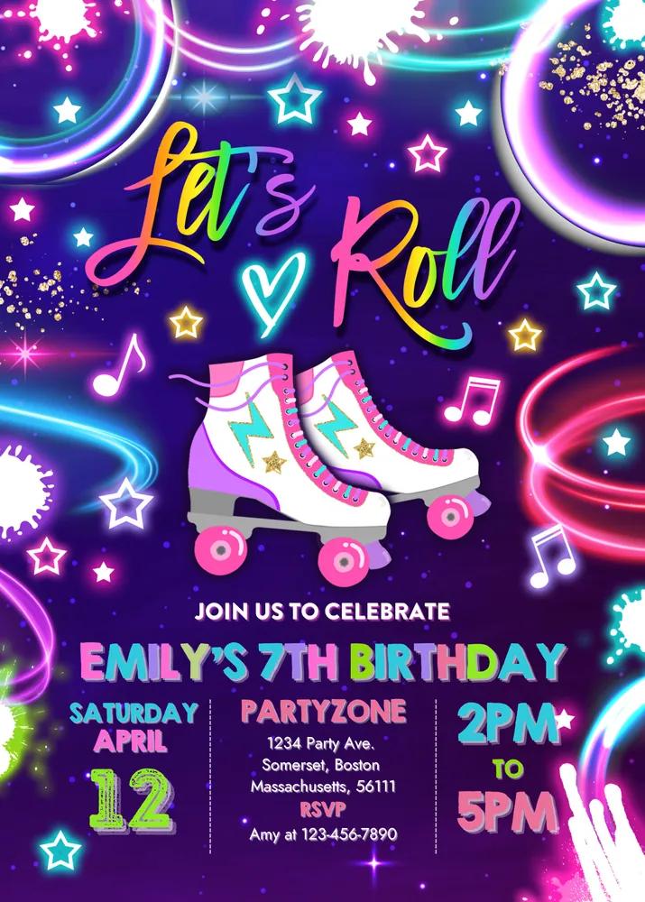 Neon Glow Roller Skating Invitation | Editable Canva Template Instant Download
