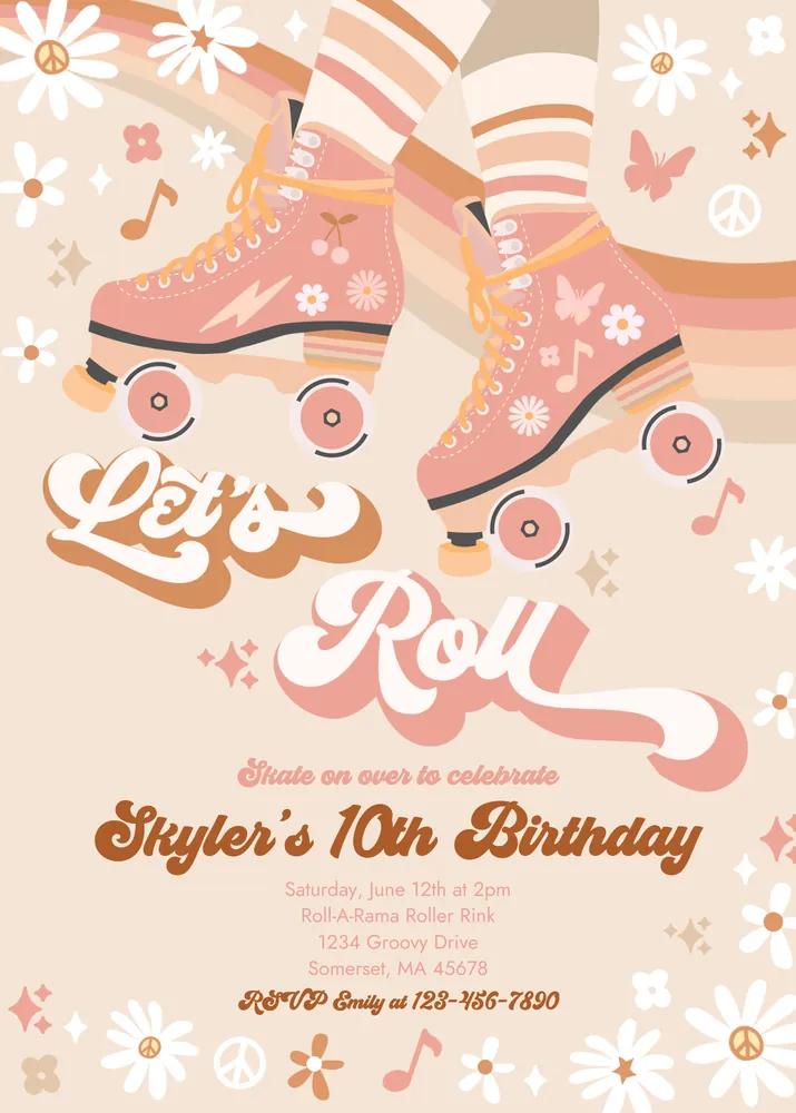 Groovy Roller Skating Birthday Invitation - Retro 70s Canva Template