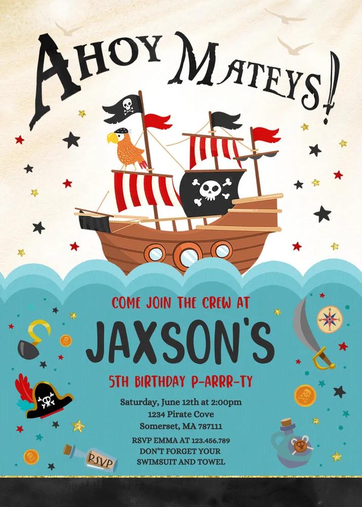 Pirate Birthday Party Invitation Canva Template | Editable Treasure Map Invite