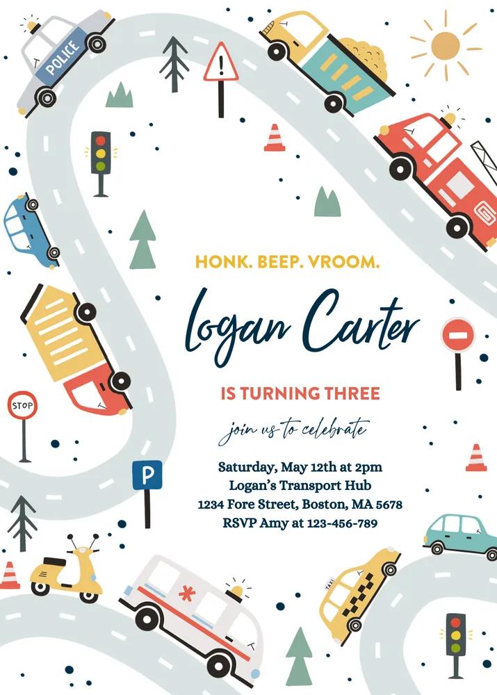 Transportation Birthday Invitation | Trucks Cars Digger Canva Template