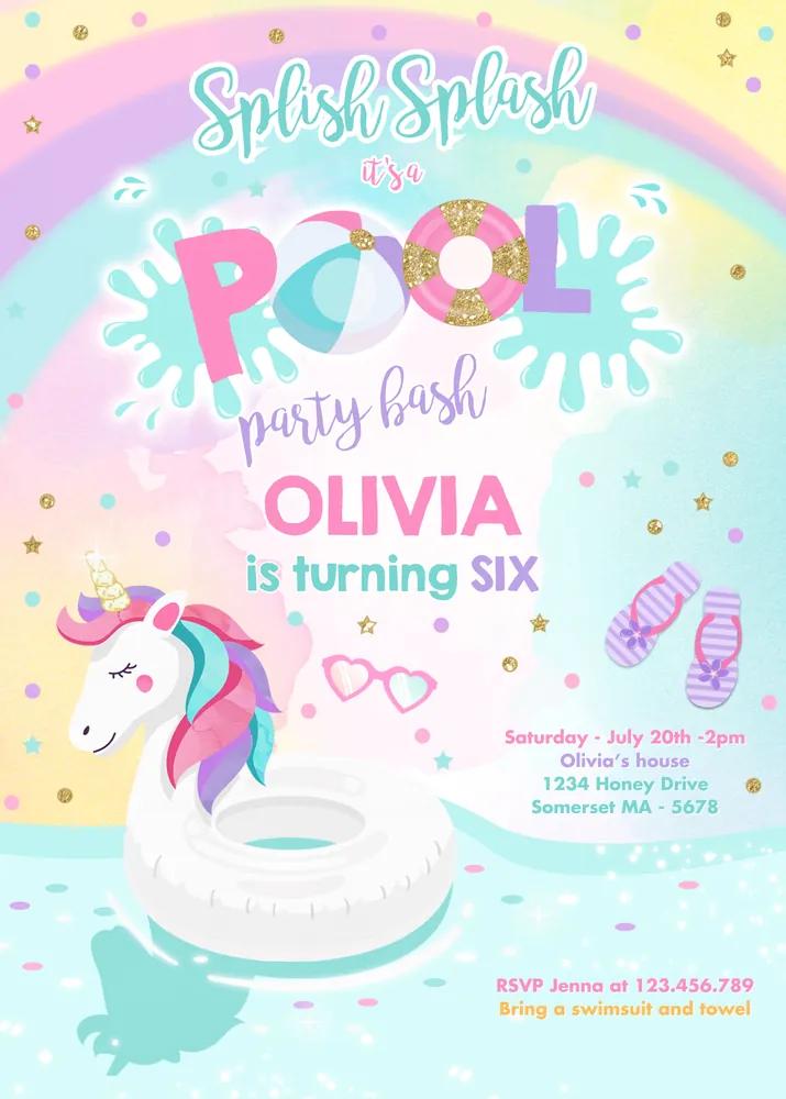 Unicorn Pool Party Birthday Invitation Canva Template | Instant Download