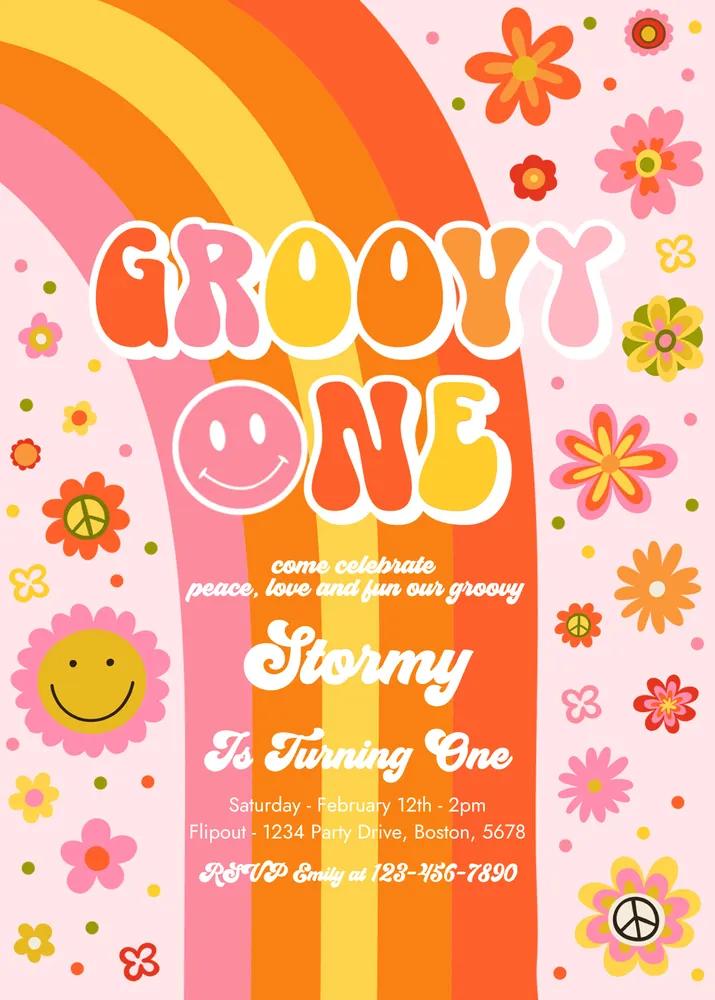 Groovy One 1st Birthday Invitation | Retro Peace Love Party Canva Template
