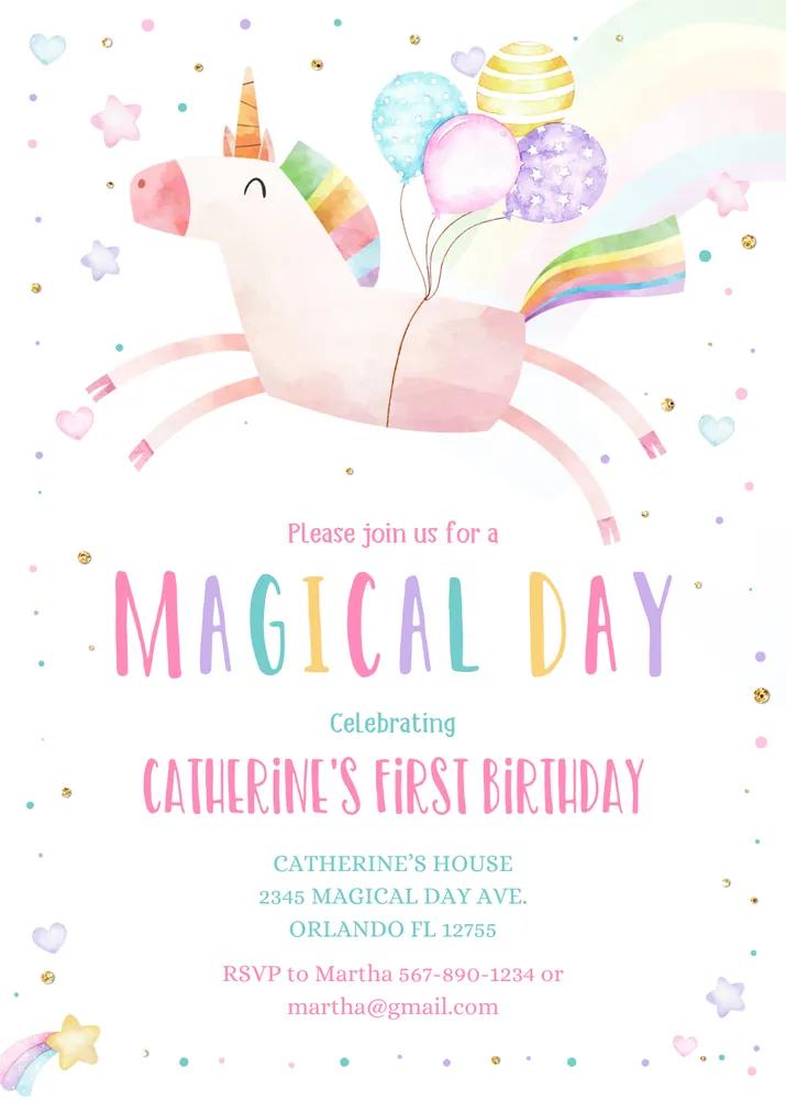 Unicorn Birthday Invitation | Girls Pink Magical First Birthday Canva Template