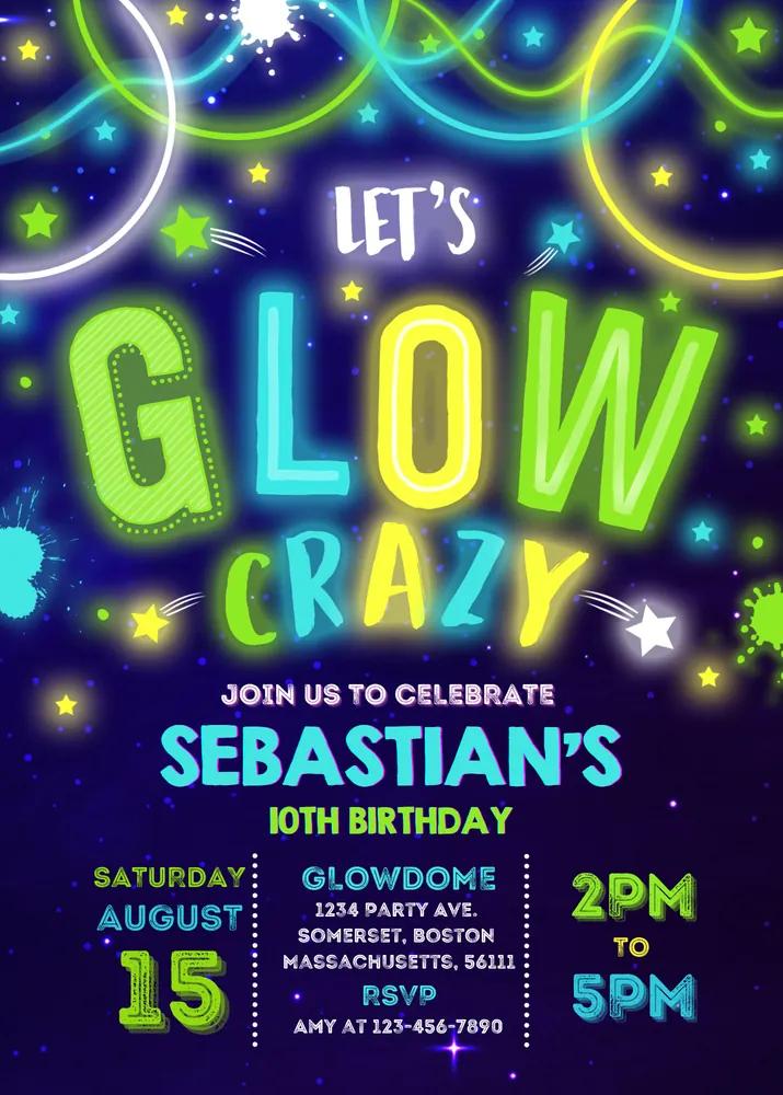 Glow Birthday Invitation - Editable Neon Glow Party Canva Template