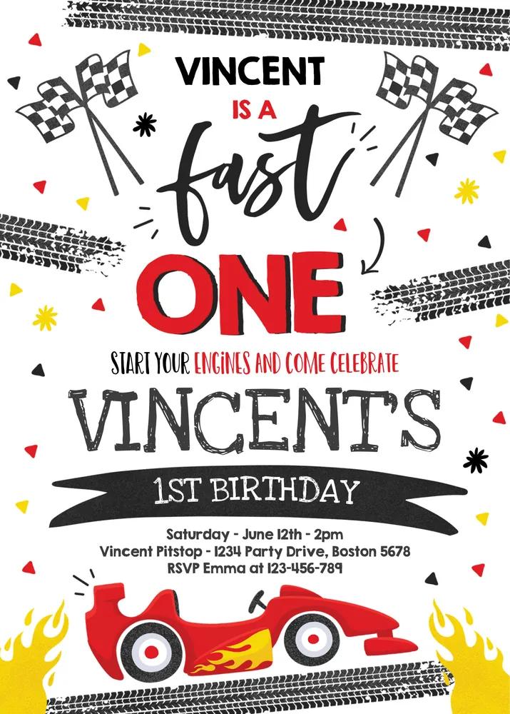 Fast One 1st Birthday Invitation | Race Car Boy Party Canva Template