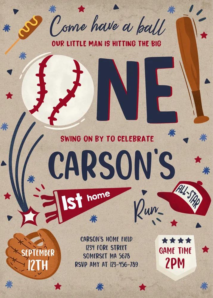 Vintage Baseball 1st Birthday Invitation | Editable Canva Template