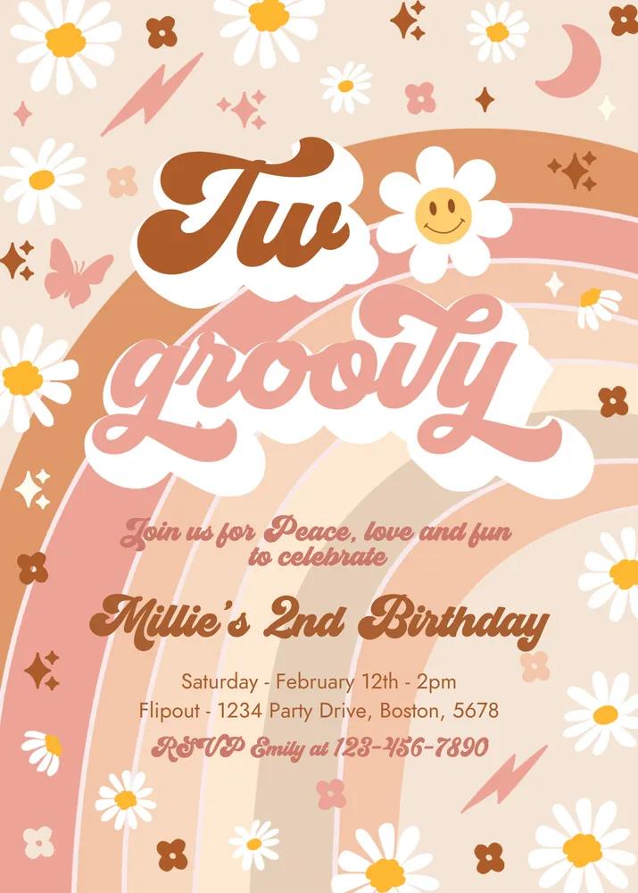 Two Groovy 2nd Birthday Invitation | Editable Canva Template Peace Love