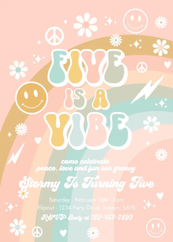 Five Is A Vibe 5th Birthday Invitation | Groovy Canva Template Peace Love Party