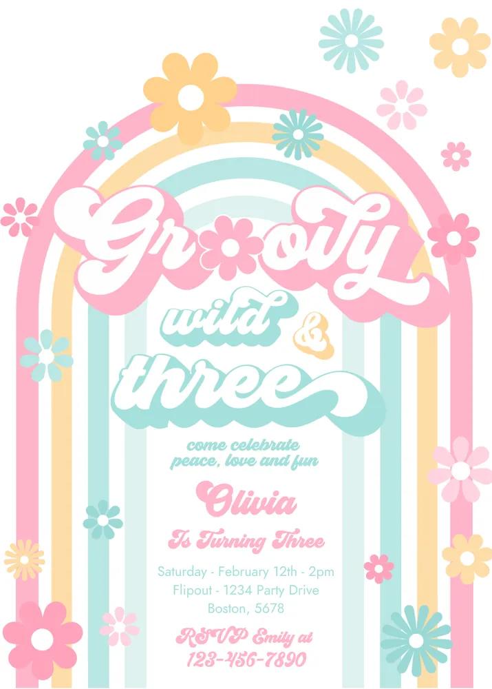 Groovy Wild and Three 3rd Birthday Invitation | Editable Canva Template