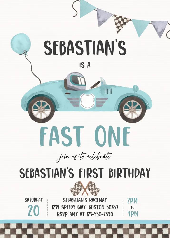 Fast One Race Car 1st Birthday Invitation Vintage Blue Canva Template