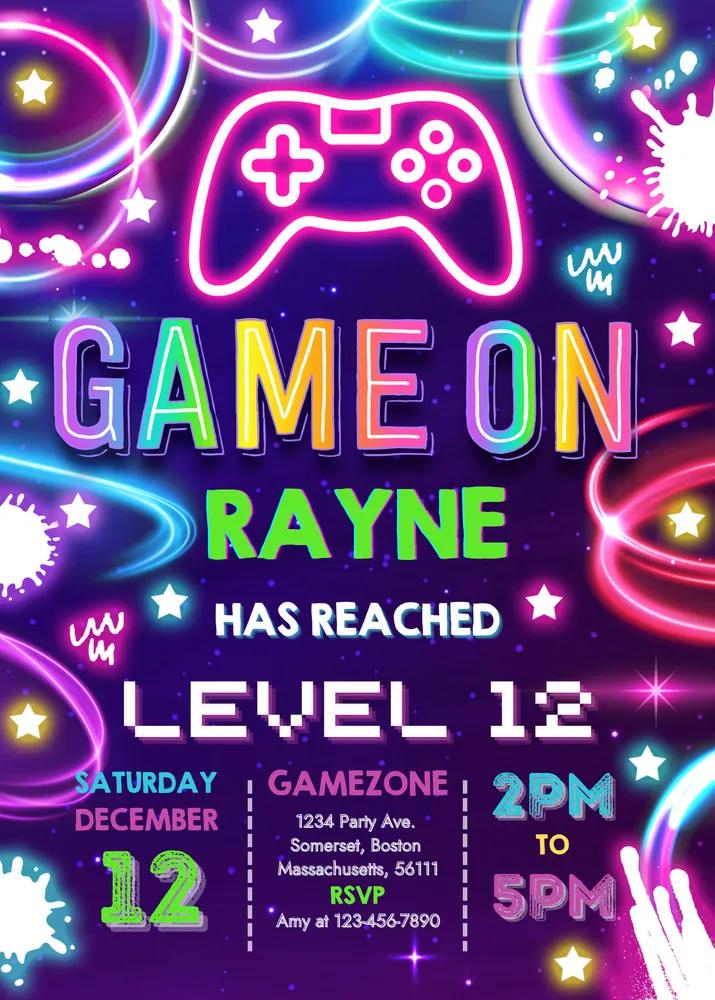 Gamer Girl Birthday Invitation Canva Template - Neon Glow Video Game Party