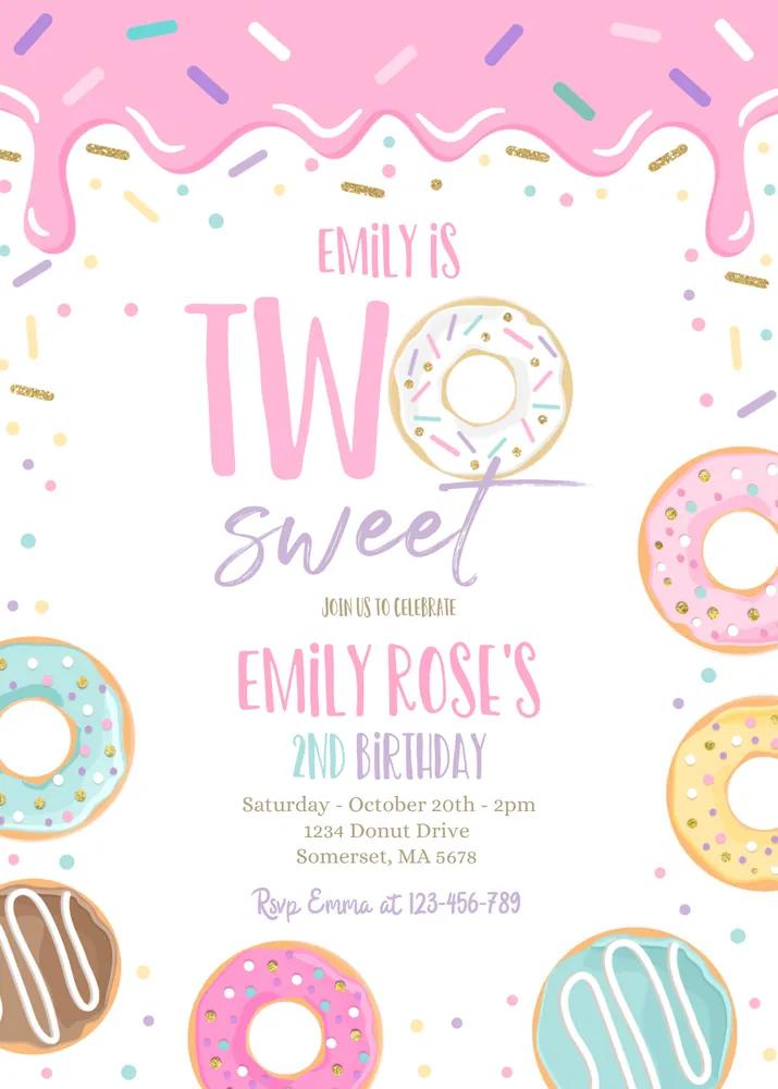 Two Sweet Donut 2nd Birthday Invitation Canva Template Pink Pastel