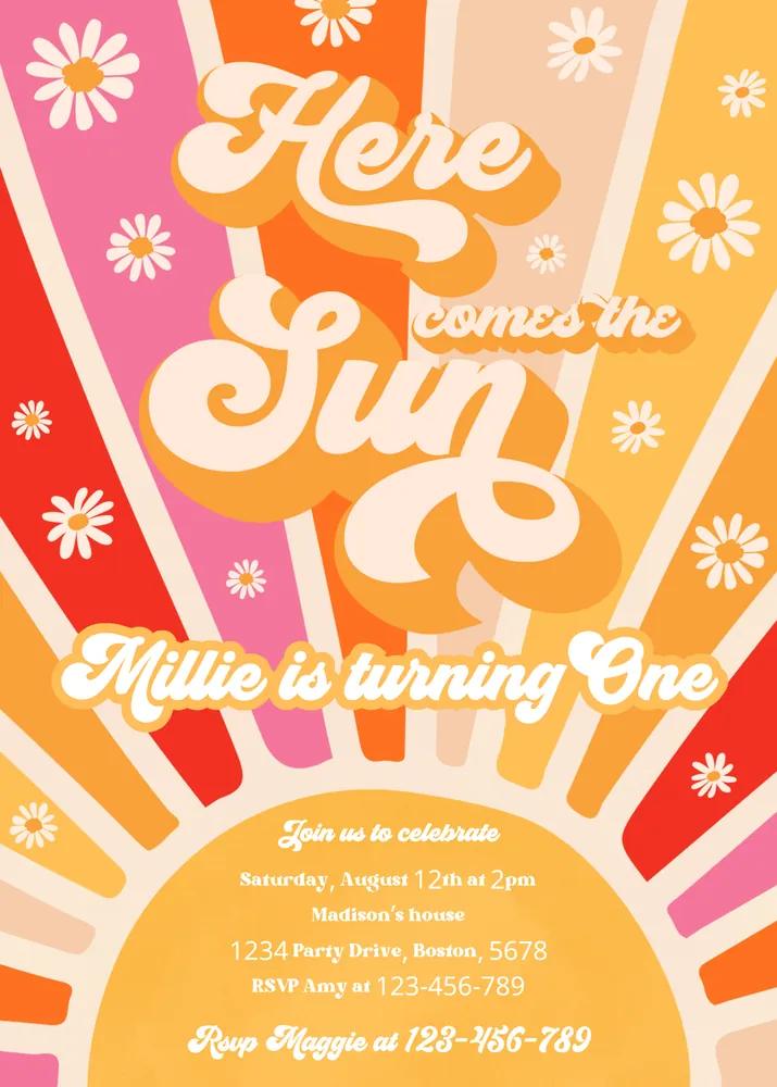Retro Daisy 1st Birthday Invitation | Editable Canva Template Sunshine