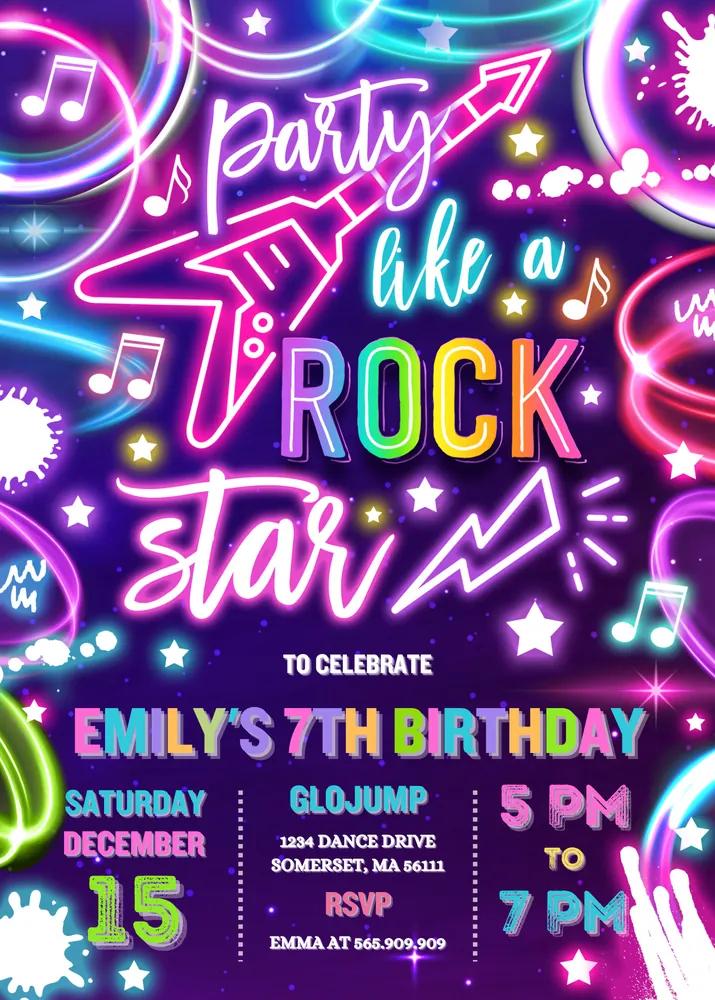 Rock Star Birthday Invitation Neon Glow Party Editable Canva Template