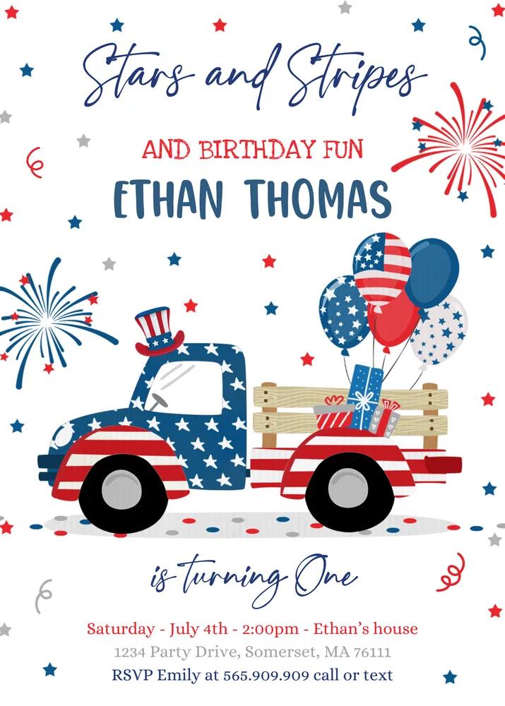 4th of July Birthday Invitation | Patriotic Stars & Stripes Canva Template
