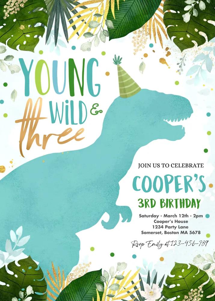 Dinosaur Young Wild and Three Birthday Invitation | Editable Canva Template