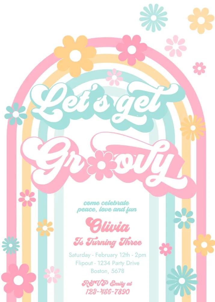 Groovy Birthday Invitation Canva Template, Retro Hippie Peace Love Party Invite