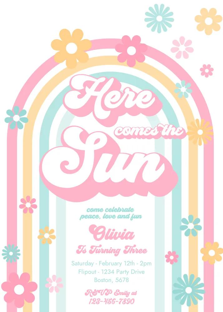 Groovy Here Comes The Sun 1st Birthday Invitation Canva Template