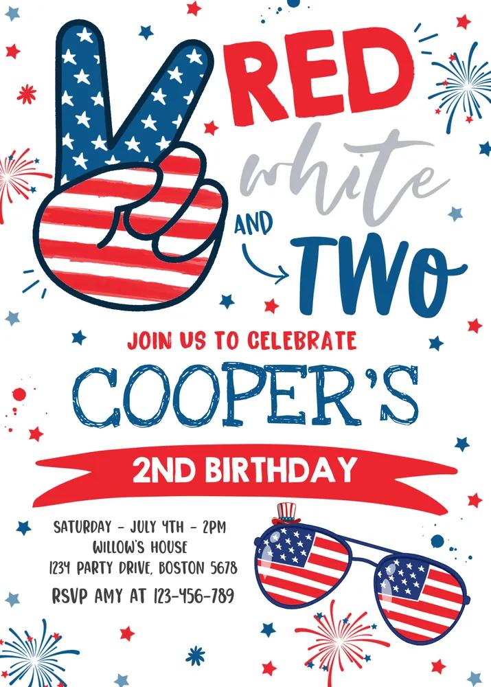 4th of July 2nd Birthday Invitation | Editable Red White and Two Canva Template