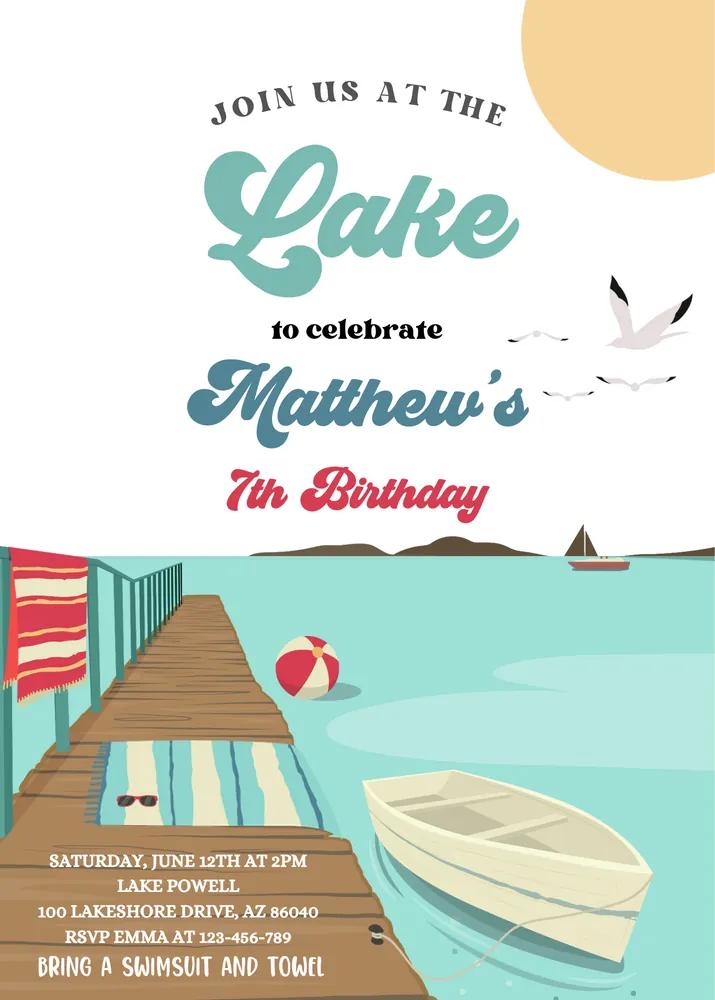 Lake Birthday Party Invitation | Editable Canva Template | Boat Summer Party