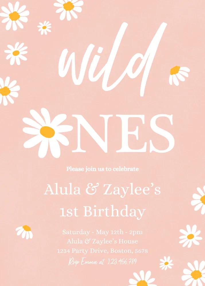 Daisy Twin Birthday Party Invitation | Boho Wild Ones 1st Birthday Canva Template