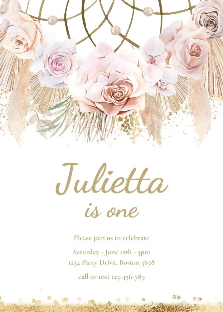 Boho Pampas Grass Birthday Invitation Canva Template | Muted Bohemian Dreamcatcher