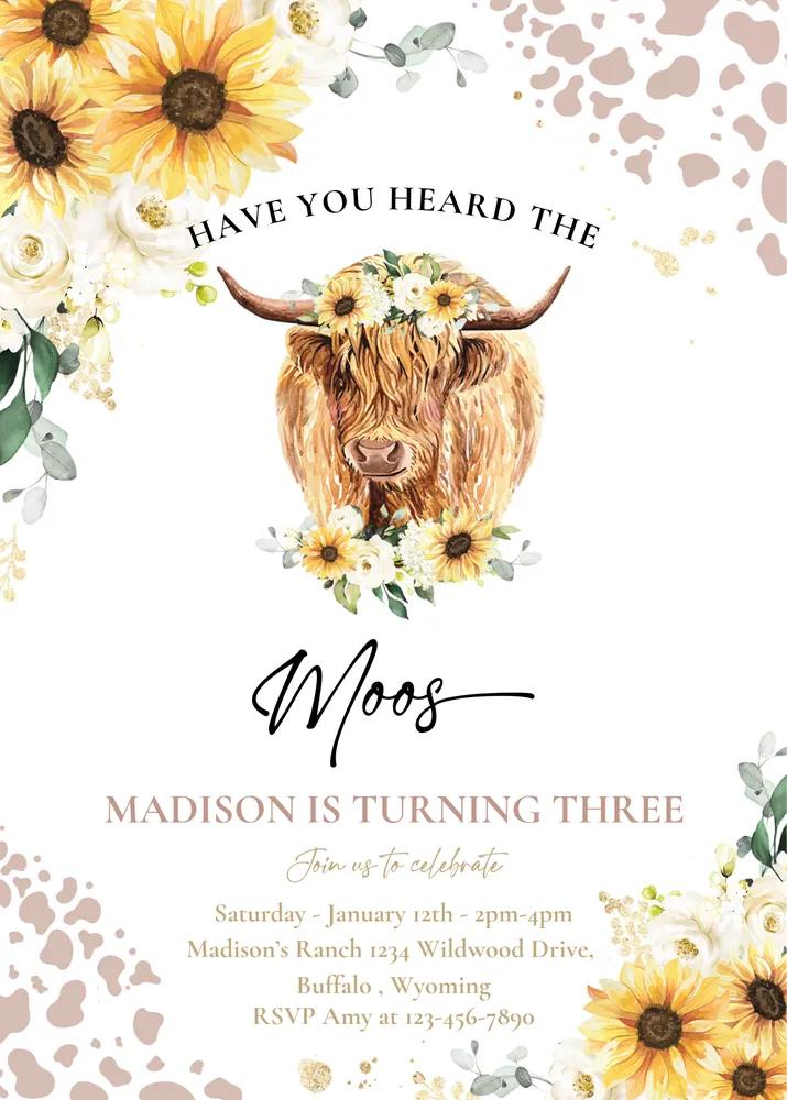 Sunflower Highland Cow Birthday Party Invitation | Editable Canva Template