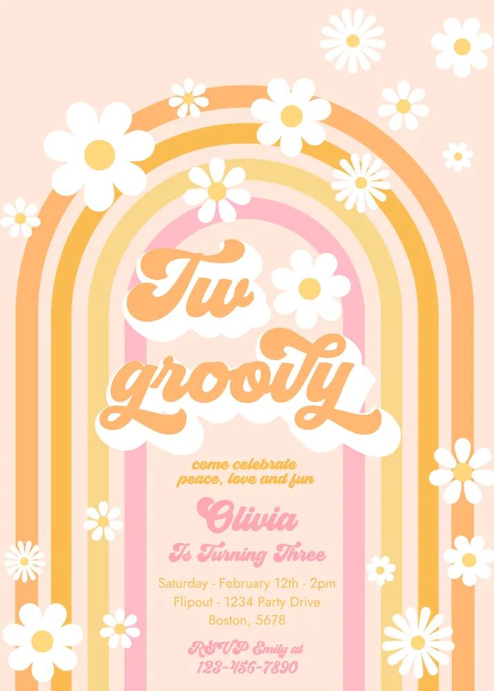 Two Groovy 2nd Birthday Invitation | Editable Canva Template Hippie 70s