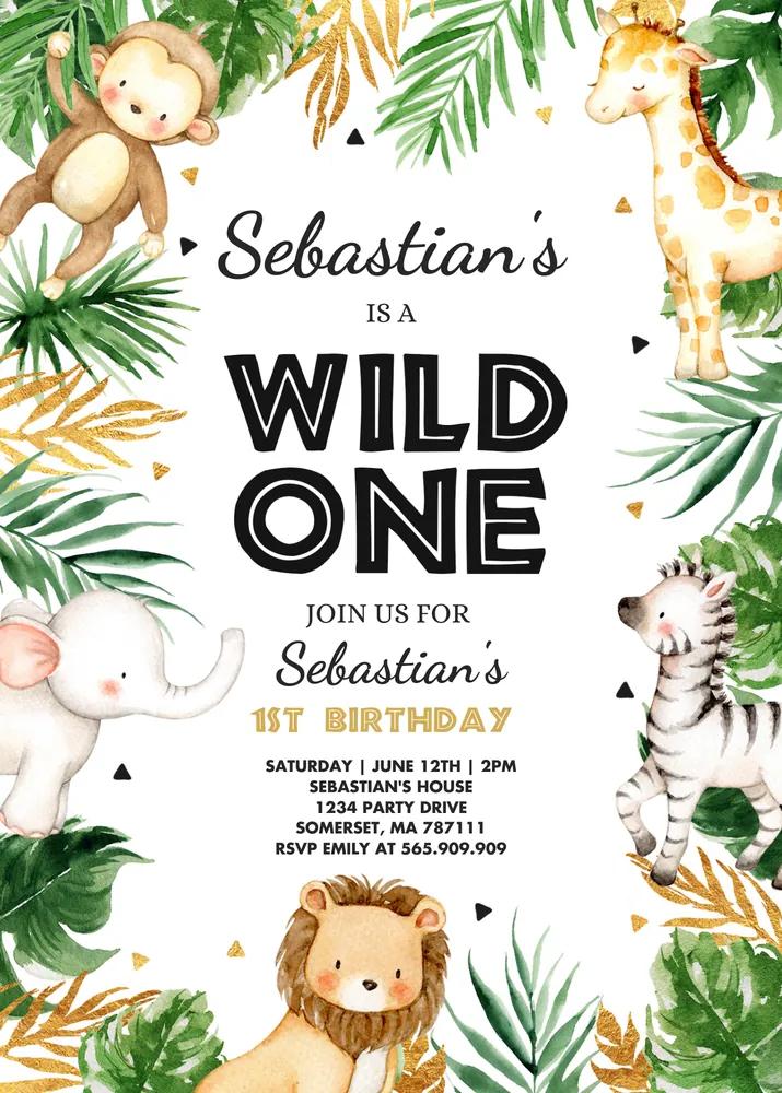 Wild One Safari Birthday Invitation | Editable Canva Template Boy