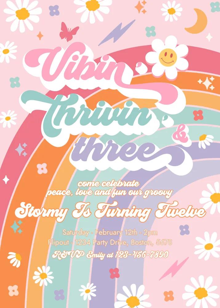 Vibin Thrivin and Three 3rd Birthday Invitation, Peace Love Groovy Canva Template