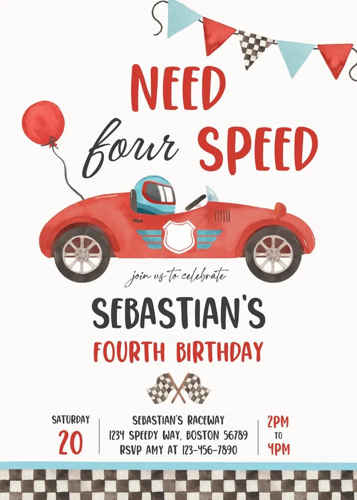 Need Four Speed 4th Birthday Invitation | Editable Canva Race Car Invite