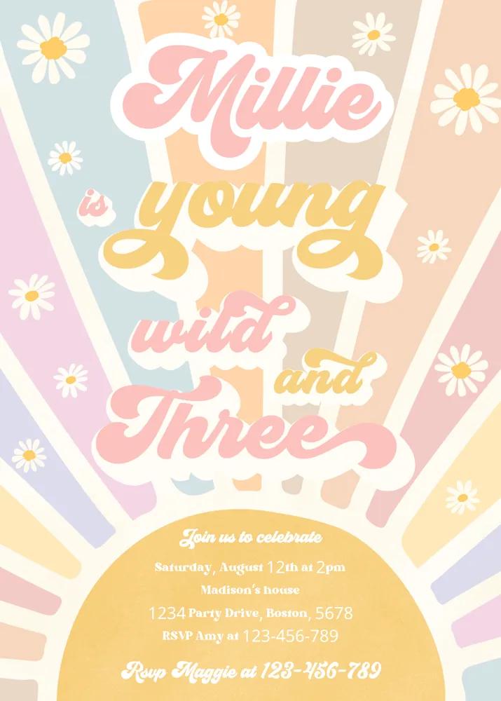 Young Wild and Three Birthday Invitation Retro Daisy Canva Template