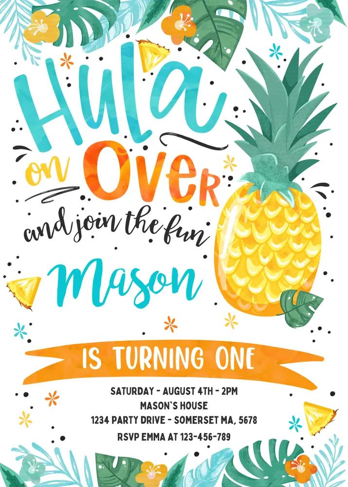 Hawaiian Luau 1st Birthday Invitation, Editable Canva Pineapple Pool Party Link