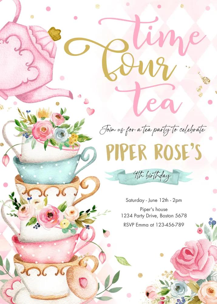 Tea Party 4th Birthday Invitation Canva Template Pink Gold Floral Partea Invite