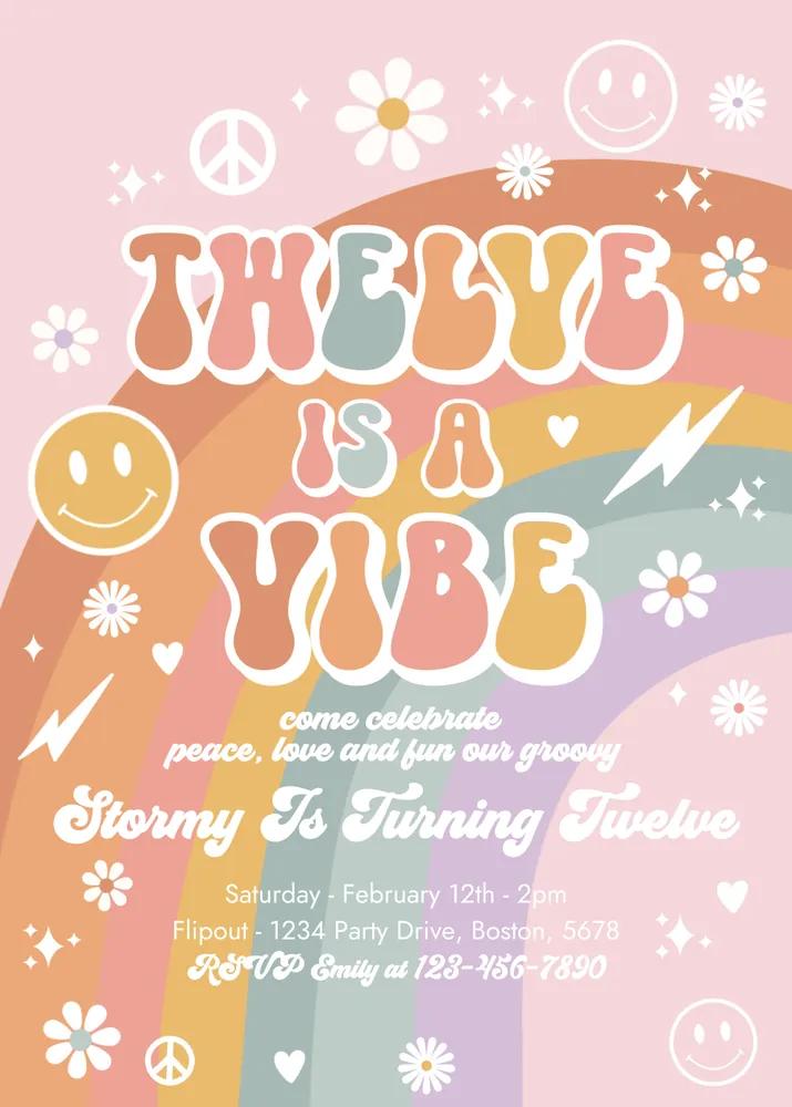 Twelve Is A Vibe Groovy 12th Birthday Invitation Canva Template Peace Love Party