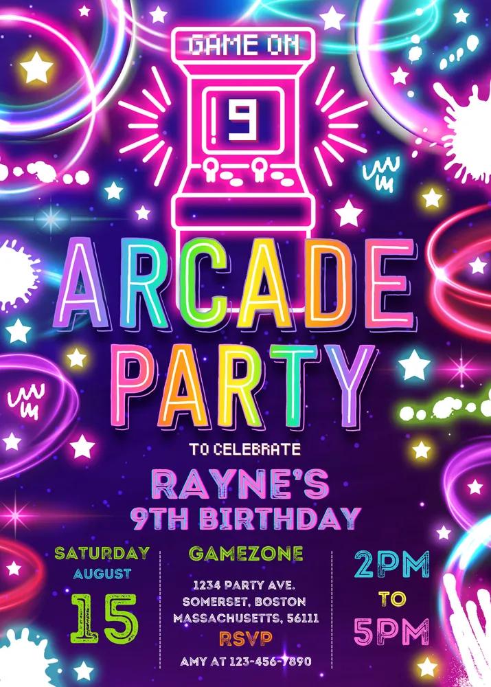 Arcade Birthday Invitation Neon Glow Video Gaming Canva Template Instant Download