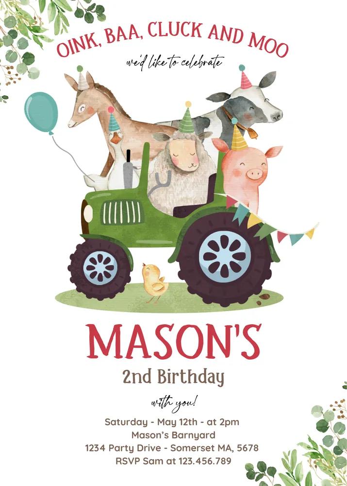 Boy Farm Birthday Invitation Canva Template, Barnyard Tractor Party Invite