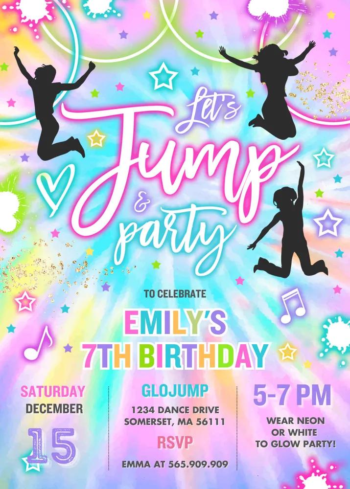 Editable Tie Dye Jump Birthday Party Invitation - Glow Trampoline Canva Template