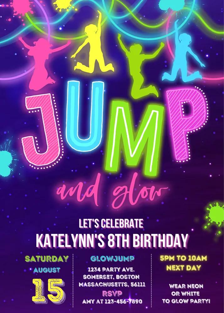 Glow Jump Birthday Invitation | Neon Bounce House Party Canva Template