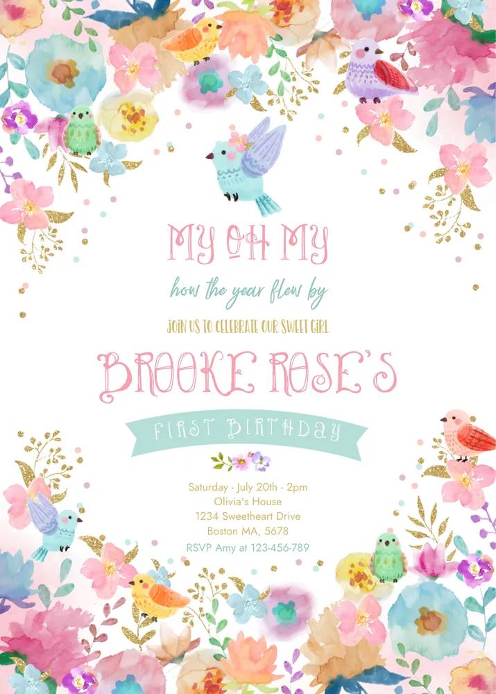 Bird Birthday Invitation | Floral Watercolor Girl Birthday Canva Template