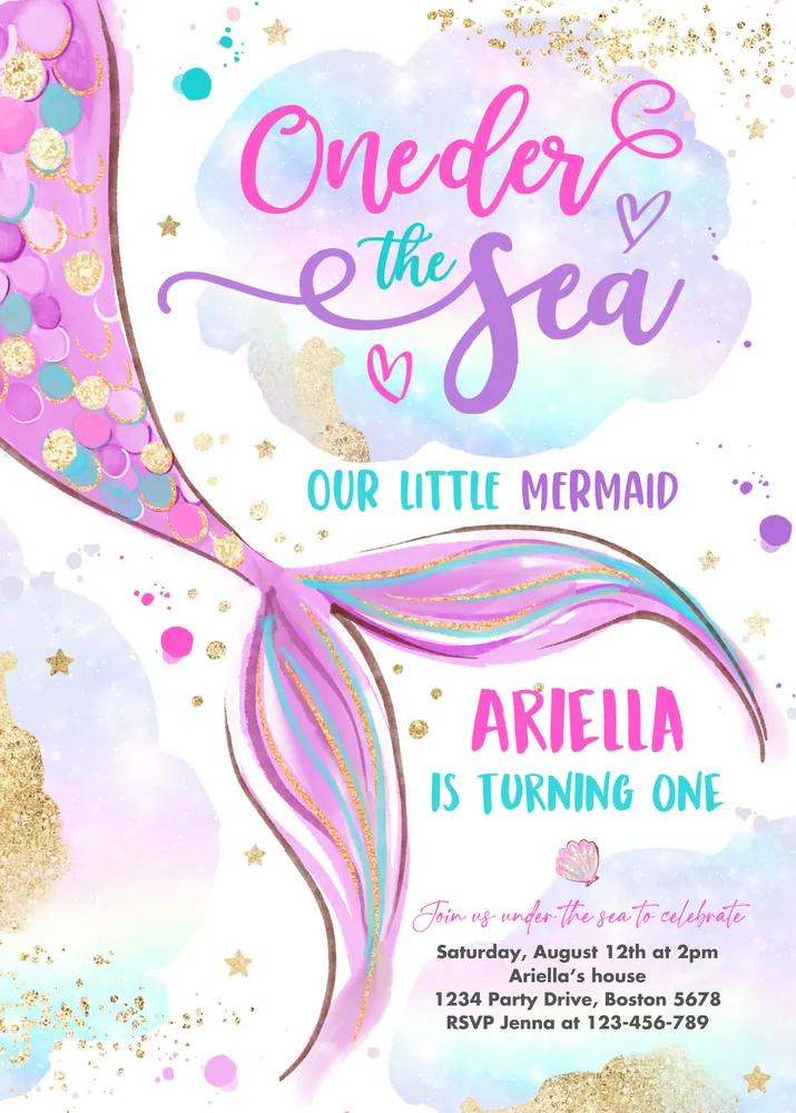Mermaid ONEder Sea 1st Birthday Invitation Canva Template Pink Gold