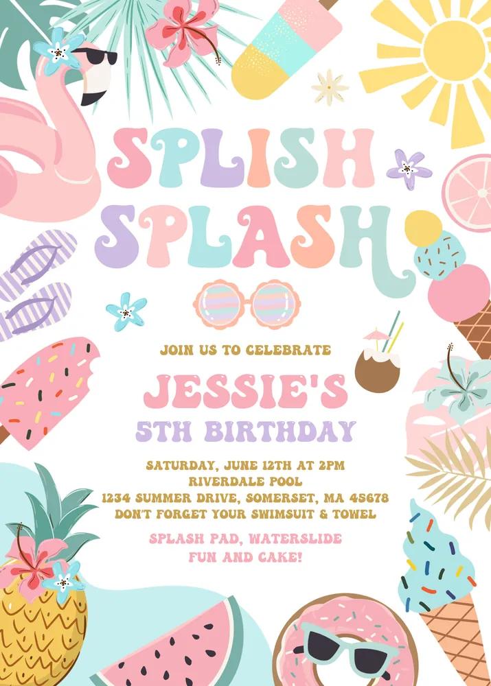 Tropical Splash Pad Birthday Invitation, Girls Summer Water Party Canva Template